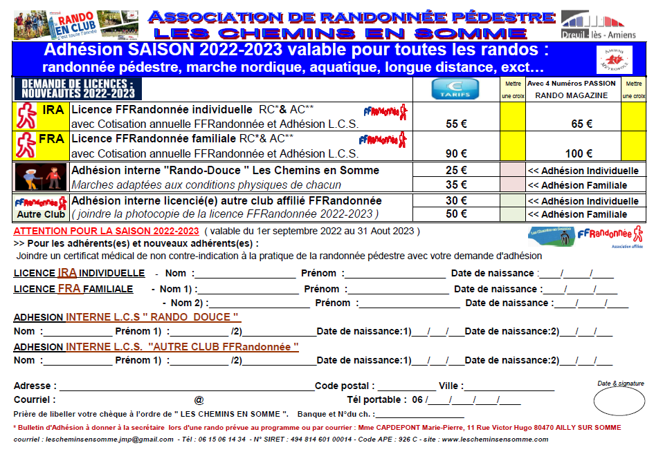 Tarifs adhesion saison 2022 2023 les chemins en somme